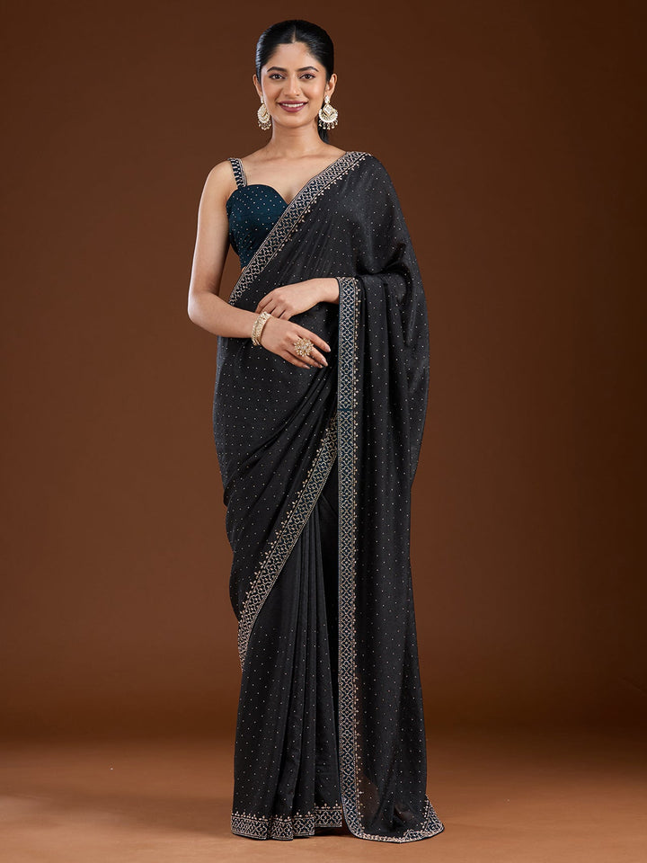 Black Stonework (Silver) Velvet Saree-Koskii
