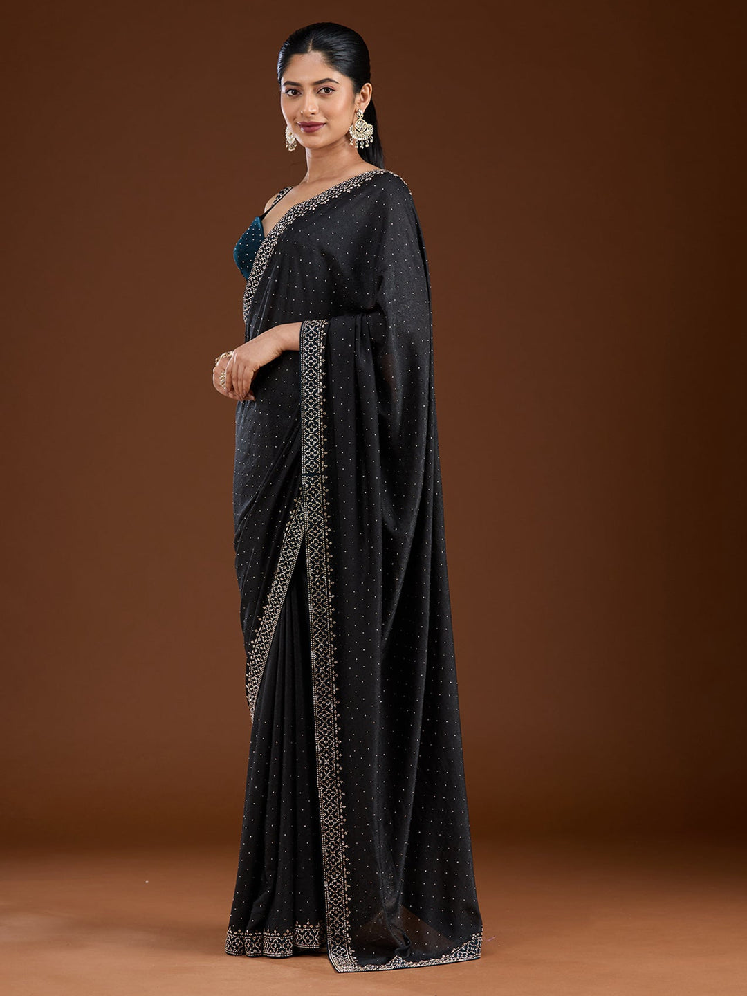 Black Stonework (Silver) Velvet Saree-Koskii