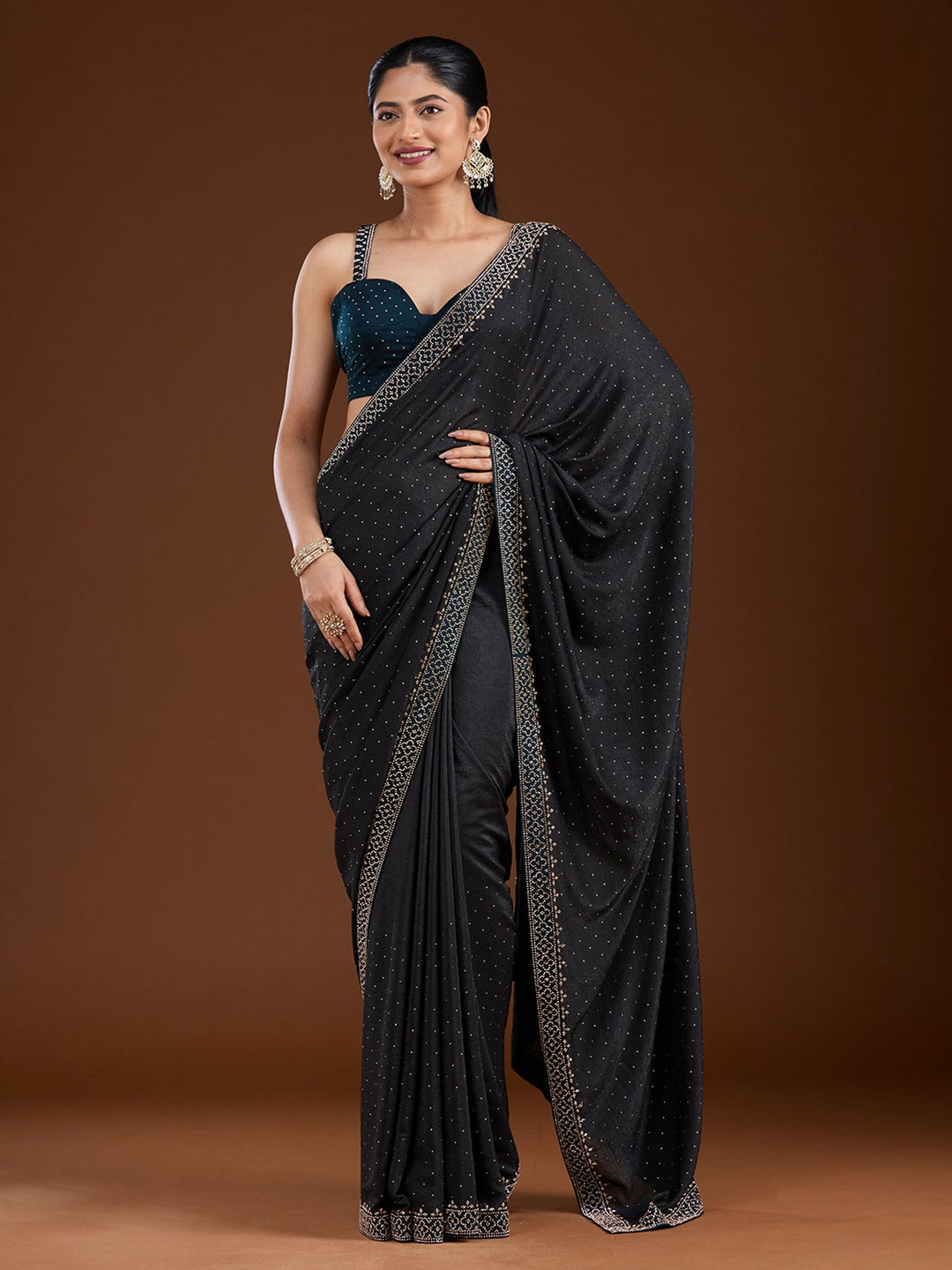 Black Stonework (Silver) Velvet Saree-Koskii