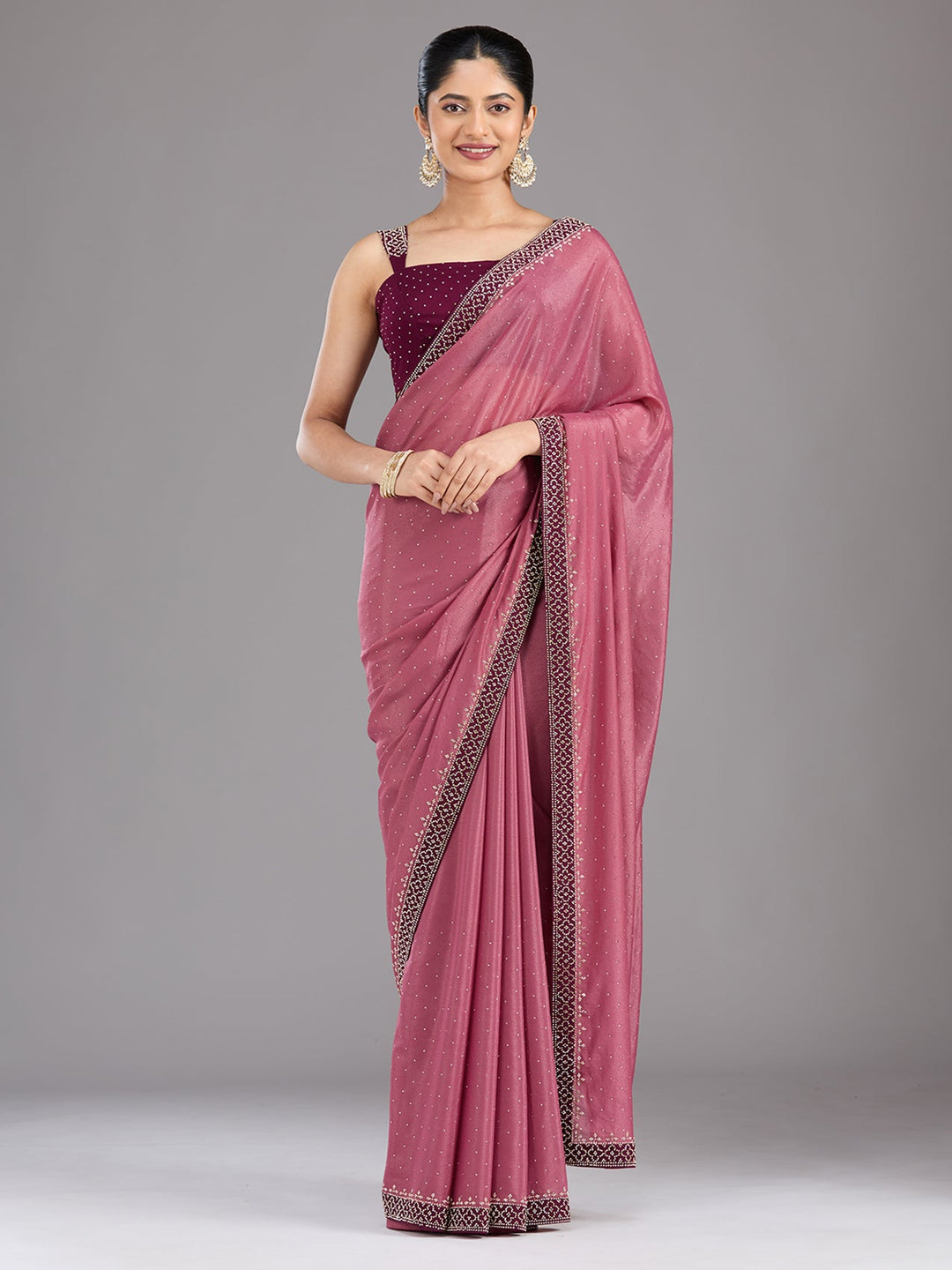 Onion Pink Stonework (Silver) Velvet Saree-Koskii