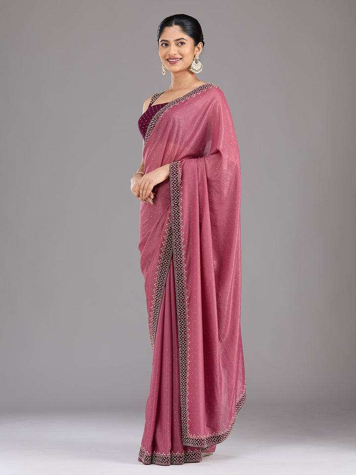 Onion Pink Stonework (Silver) Velvet Saree-Koskii