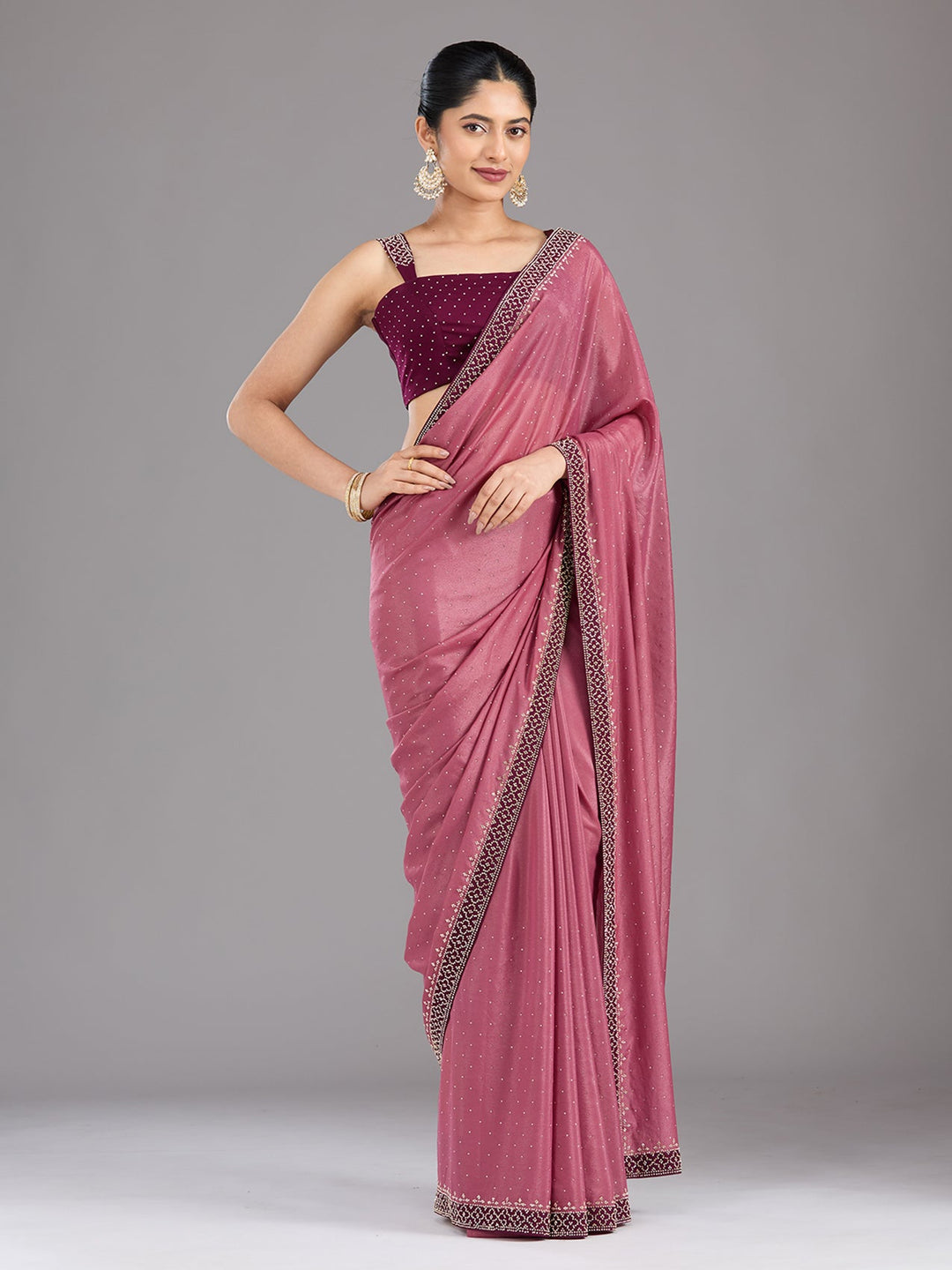 Onion Pink Stonework (Silver) Velvet Saree-Koskii