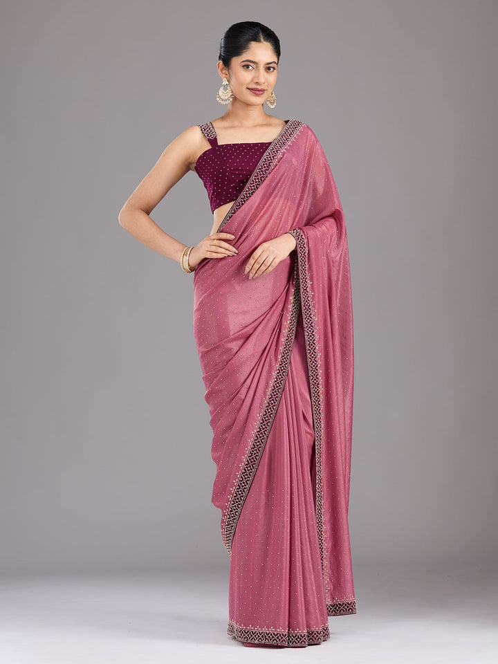 Onion Pink Stonework (Silver) Velvet Saree-Koskii