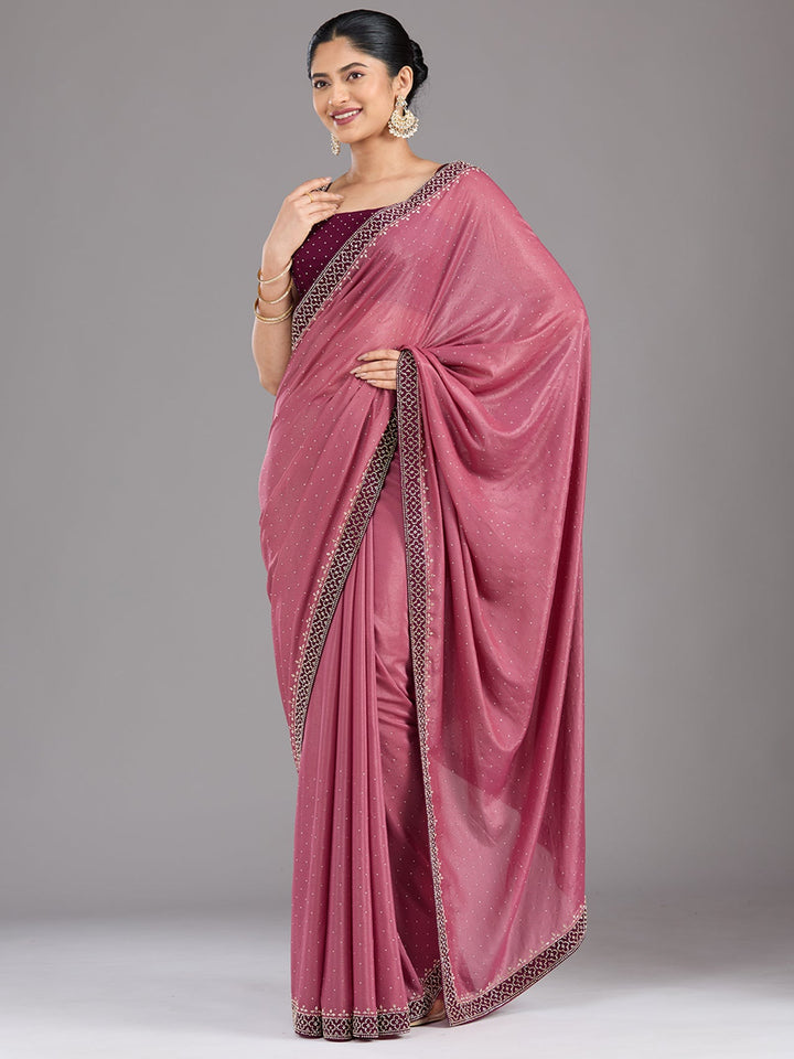 Onion Pink Stonework (Silver) Velvet Saree-Koskii