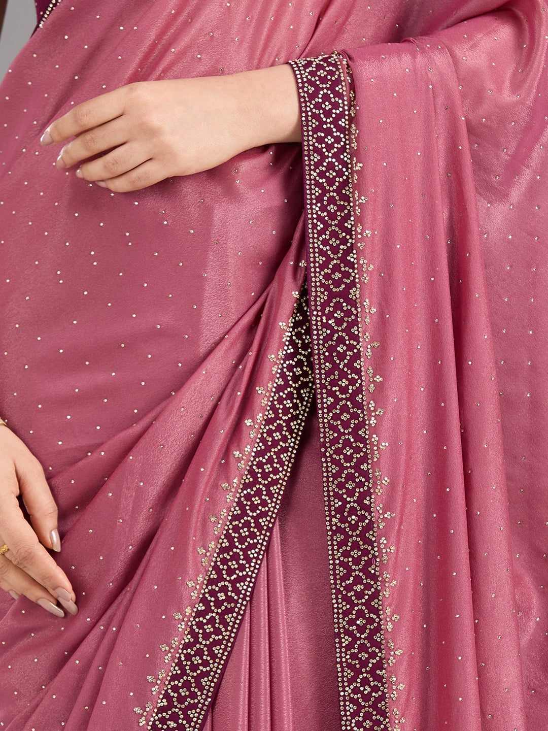 Onion Pink Stonework (Silver) Velvet Saree-Koskii