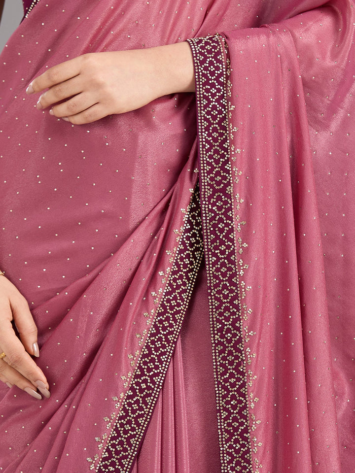 Onion Pink Stonework (Silver) Velvet Saree-Koskii