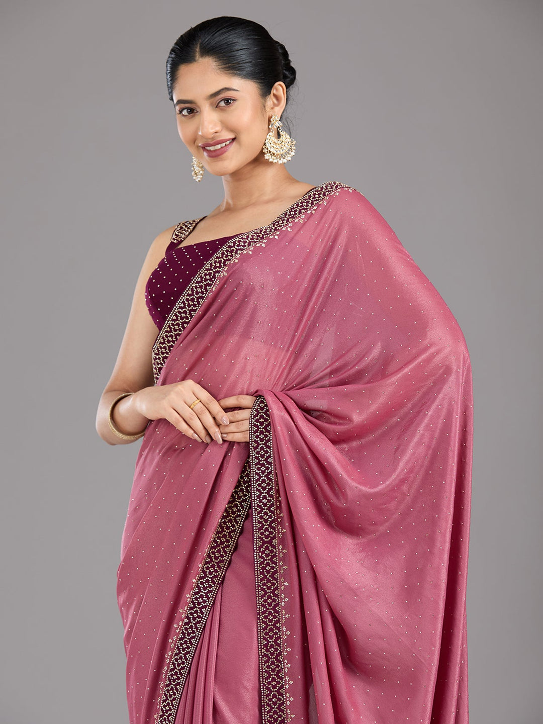 Onion Pink Stonework (Silver) Velvet Saree-Koskii