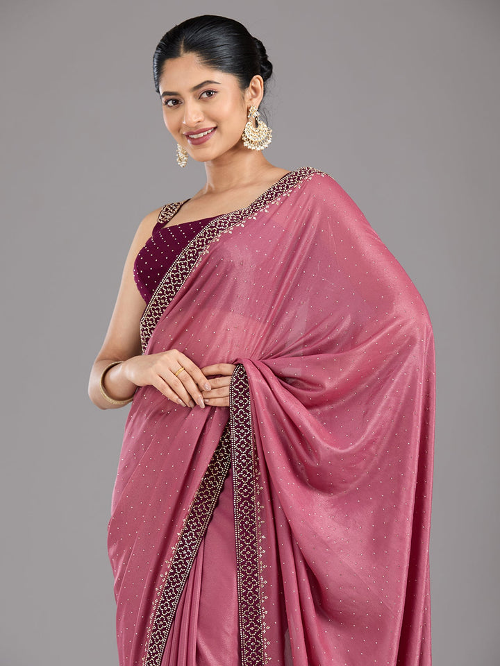 Onion Pink Stonework (Silver) Velvet Saree-Koskii