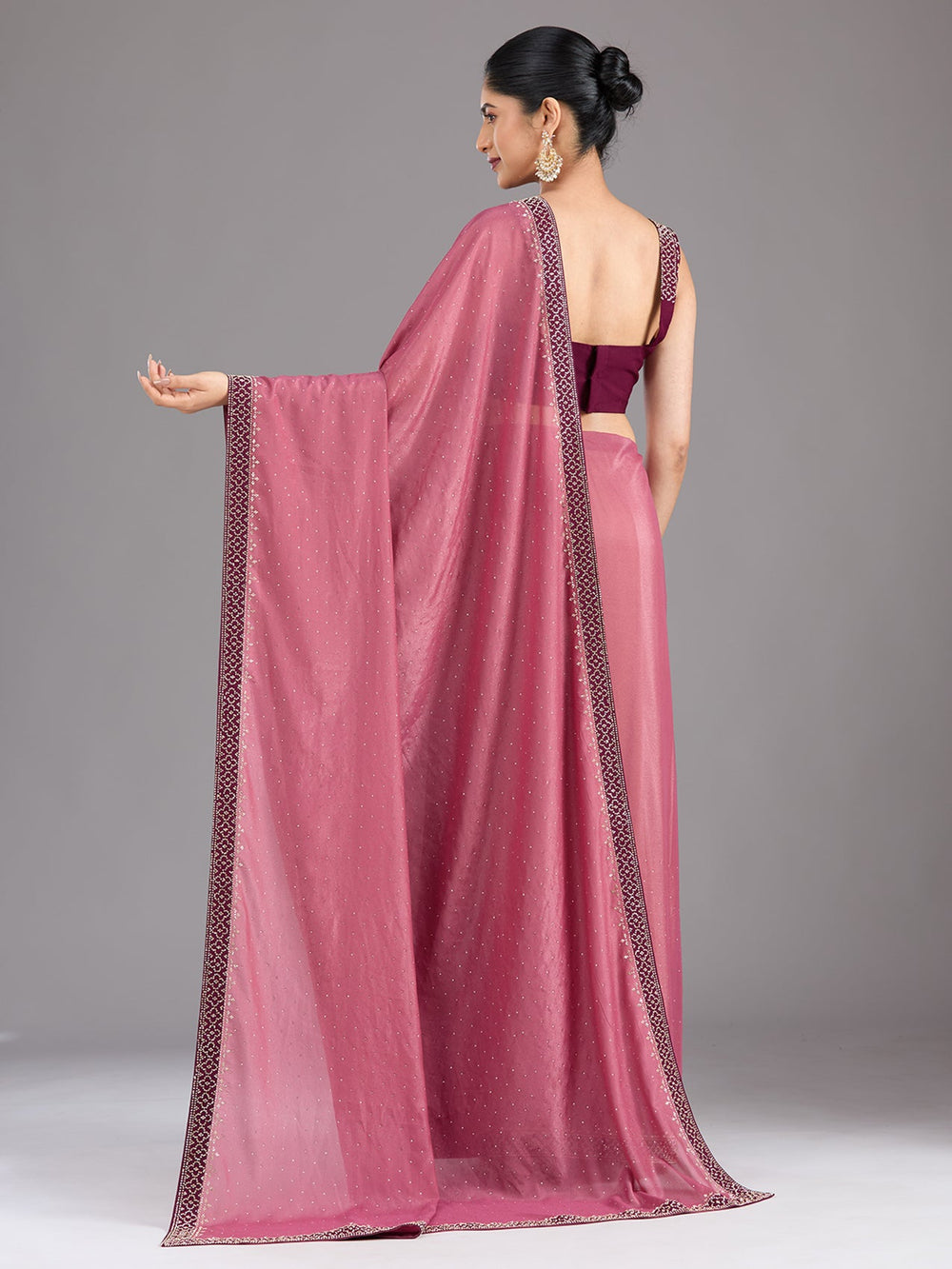 Onion Pink Stonework (Silver) Velvet Saree-Koskii