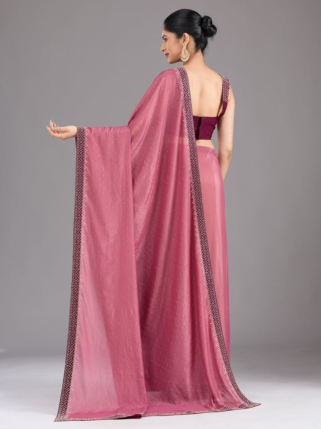 Onion Pink Stonework (Silver) Velvet Saree-Koskii