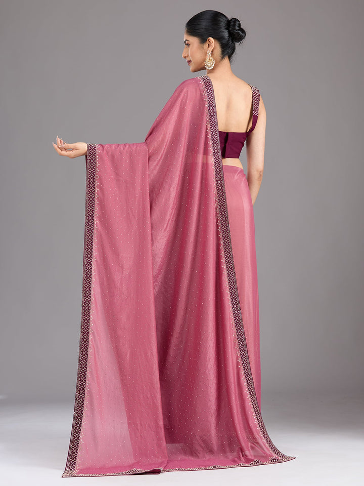 Onion Pink Stonework (Silver) Velvet Saree-Koskii