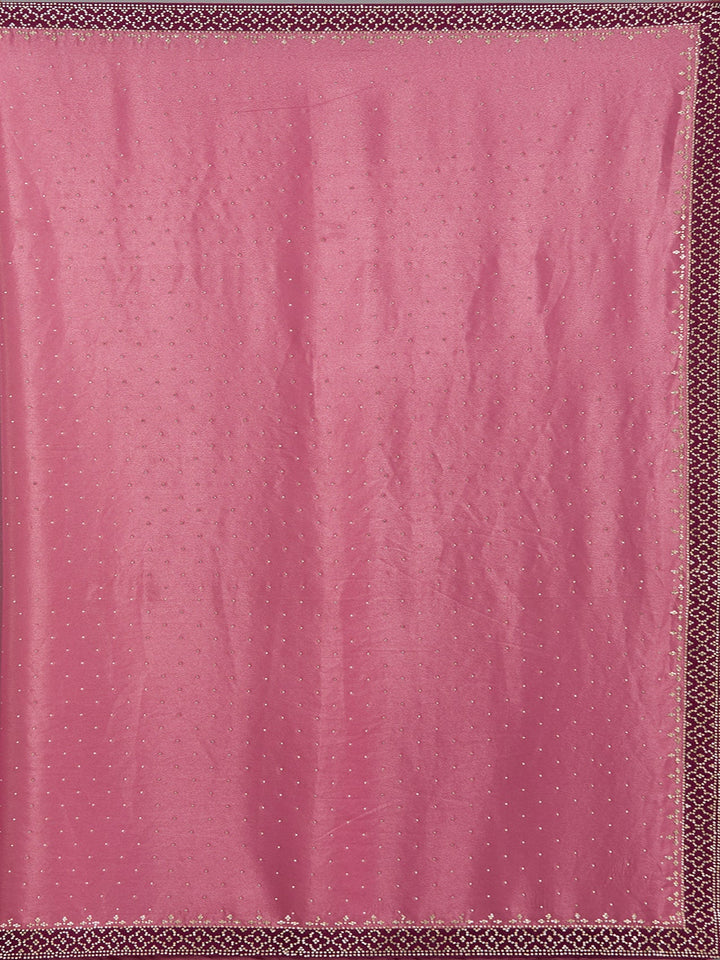 Onion Pink Stonework (Silver) Velvet Saree-Koskii