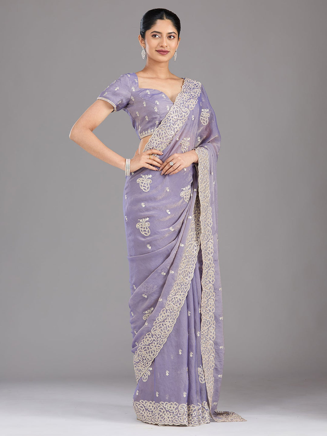 Lavender Zariwork (Silver) Tissue Saree-Koskii