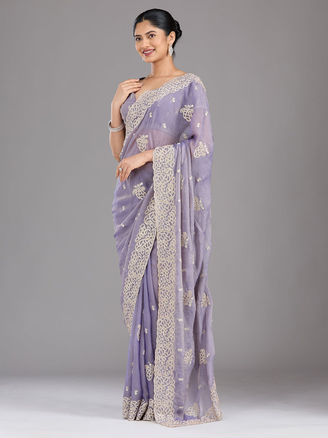 Lavender Zariwork (Silver) Tissue Saree-Koskii