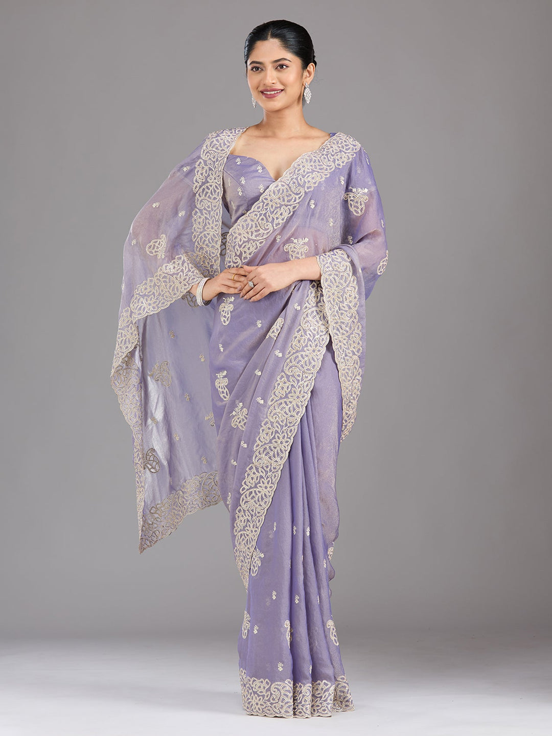Lavender Zariwork (Silver) Tissue Saree-Koskii