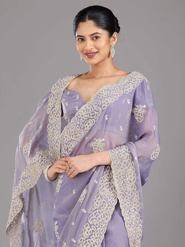 Lavender Zariwork (Silver) Tissue Saree-Koskii