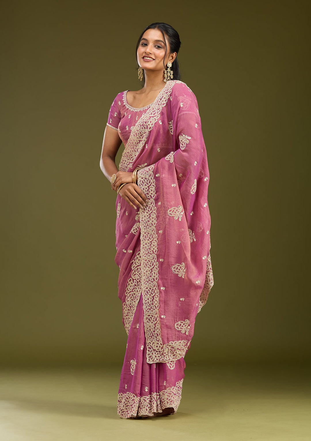 Onion Pink Zariwork (Silver) Tissue Saree