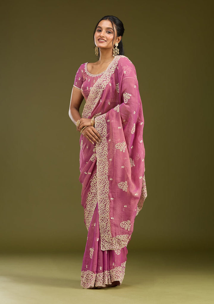 Onion Pink Zariwork (Silver) Tissue Saree