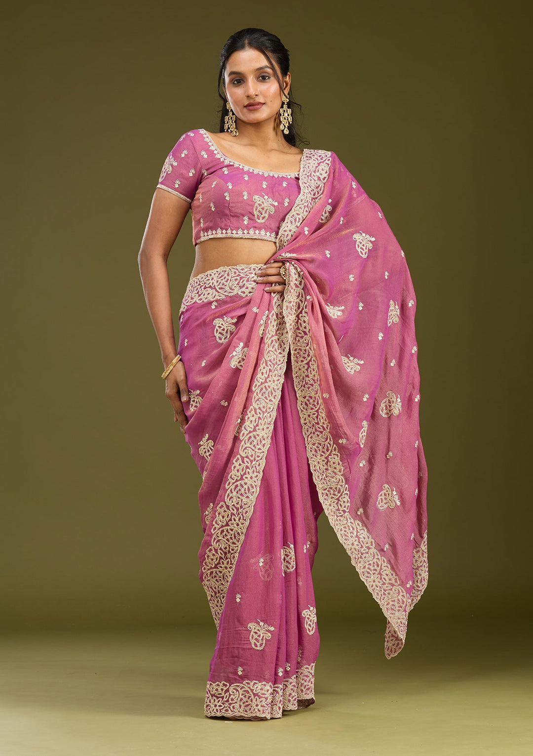 Onion Pink Zariwork (Silver) Tissue Saree