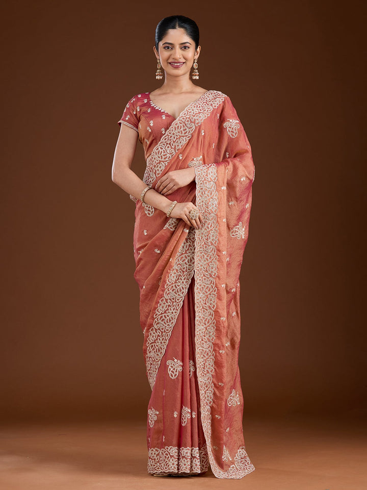 Rust Zariwork (Silver) Tissue Saree-Koskii
