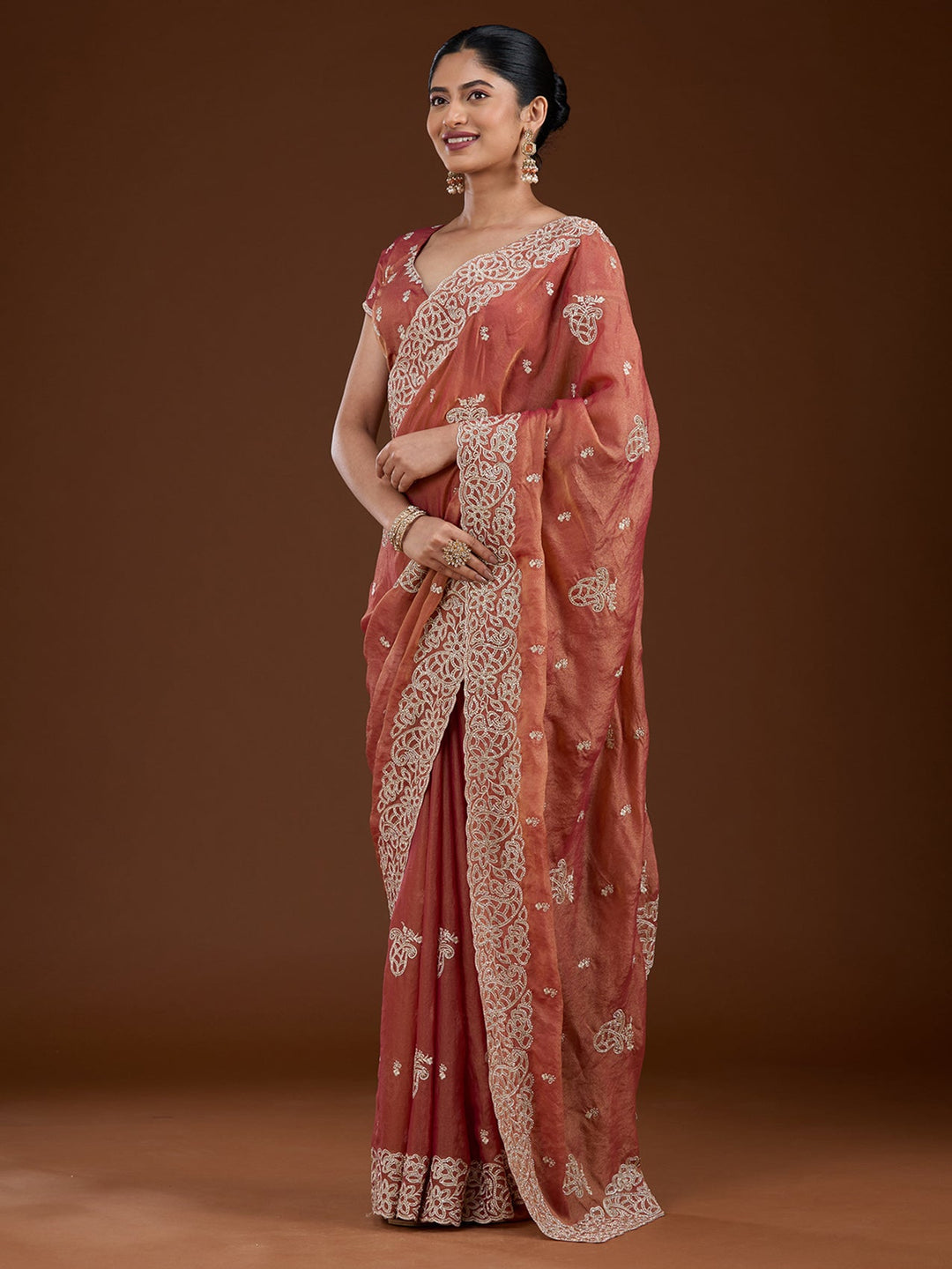 Rust Zariwork (Silver) Tissue Saree-Koskii