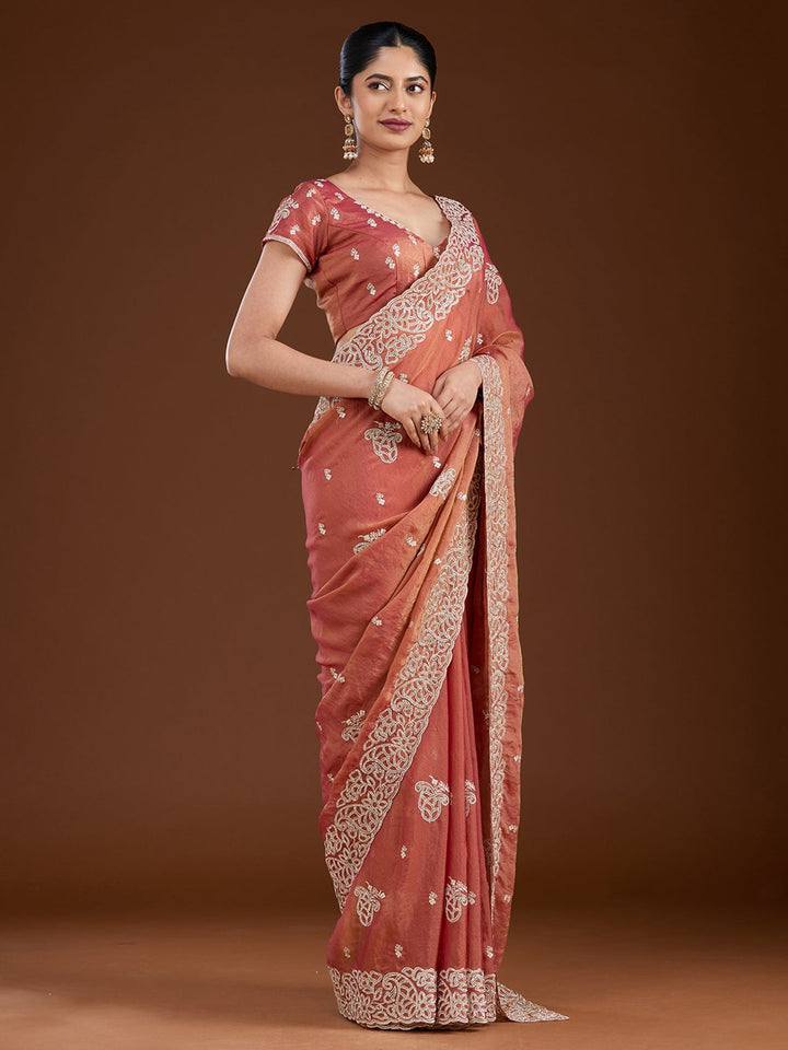 Rust Zariwork (Silver) Tissue Saree-Koskii