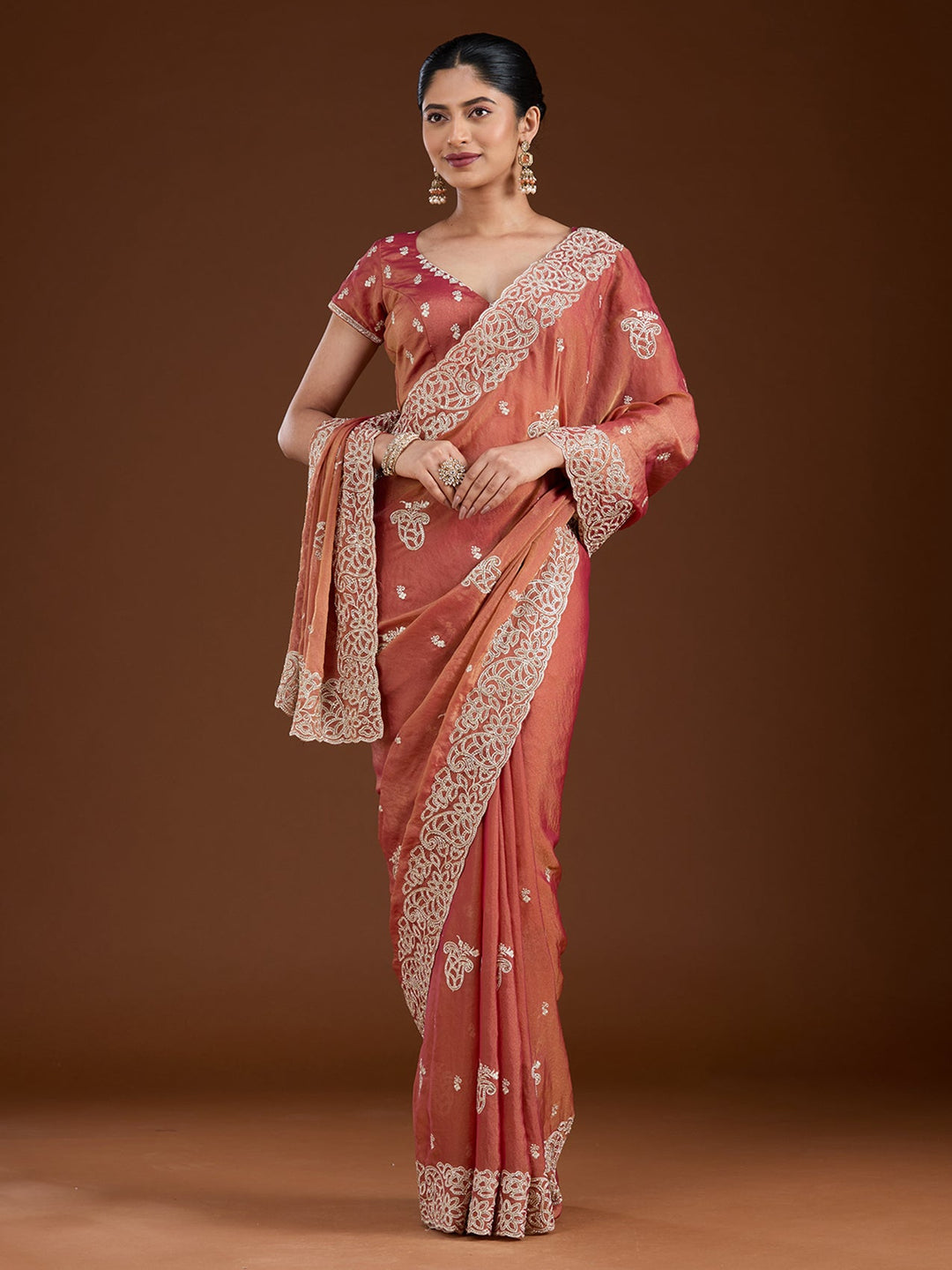 Rust Zariwork (Silver) Tissue Saree-Koskii