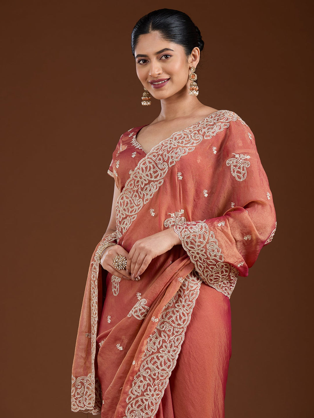 Rust Zariwork (Silver) Tissue Saree-Koskii