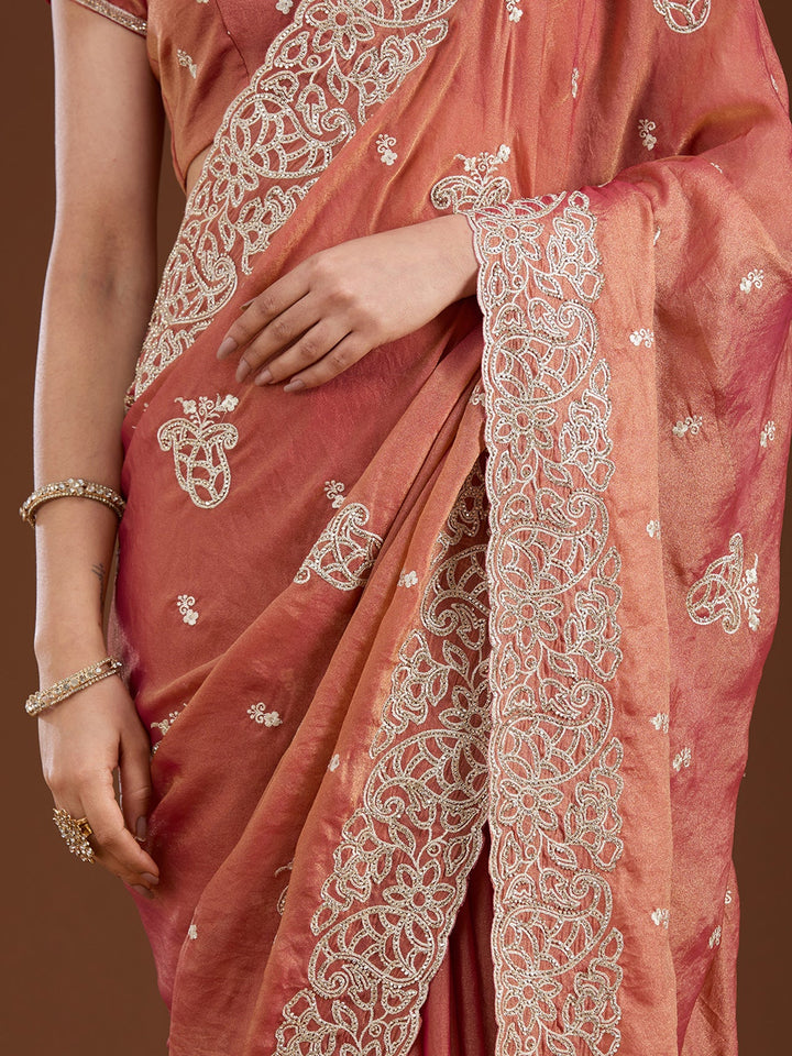Rust Zariwork (Silver) Tissue Saree-Koskii