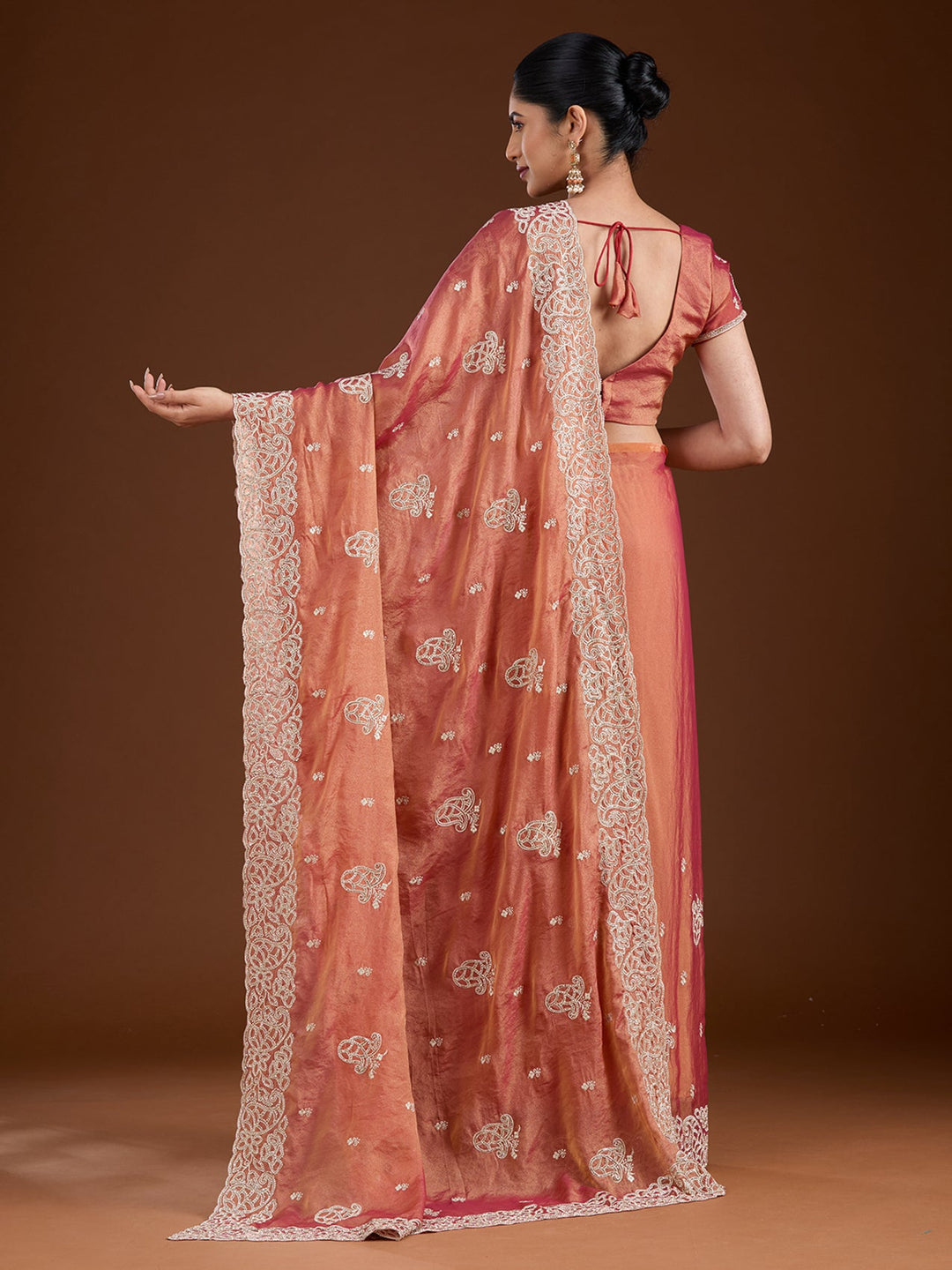 Rust Zariwork (Silver) Tissue Saree-Koskii