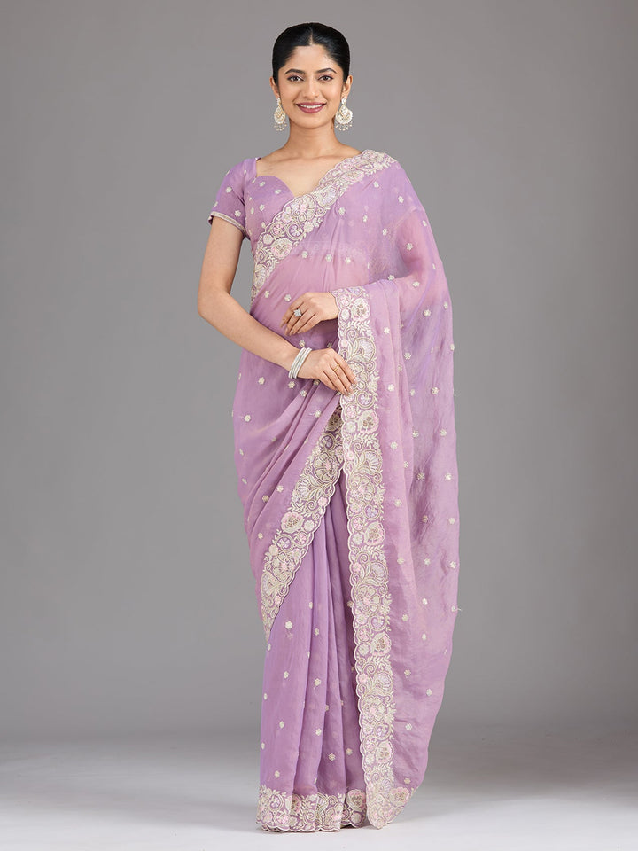 Lavender Threadwork Tissue Saree-Koskii