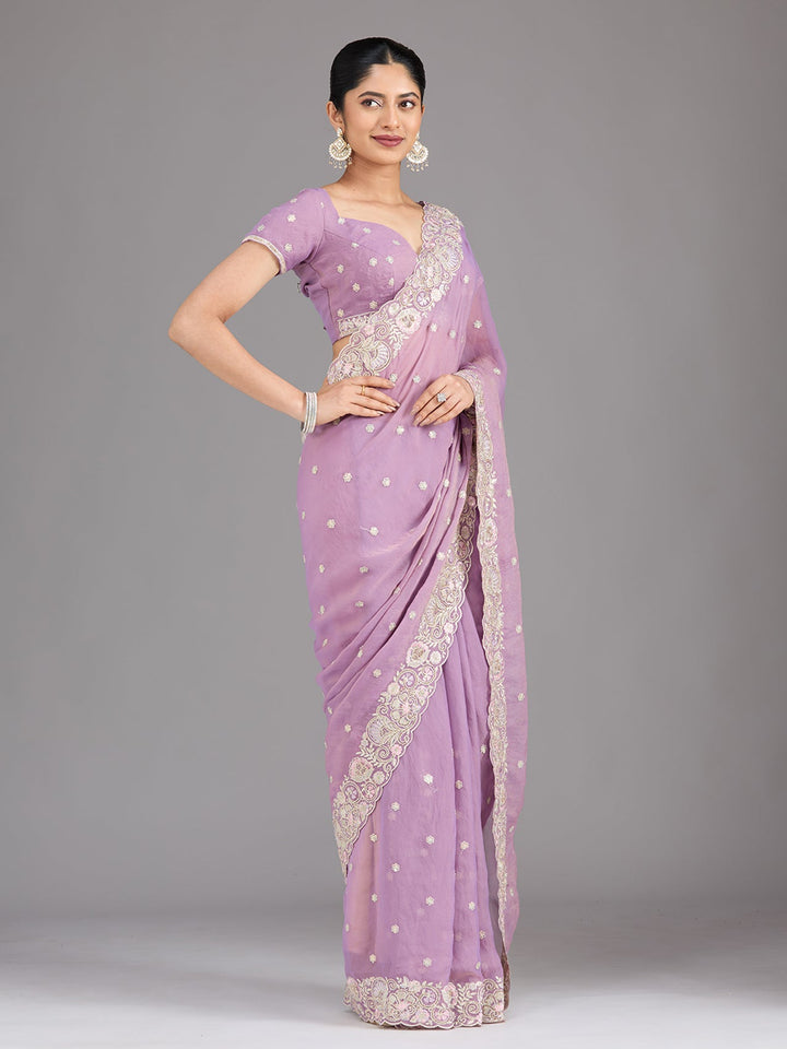 Lavender Threadwork Tissue Saree-Koskii