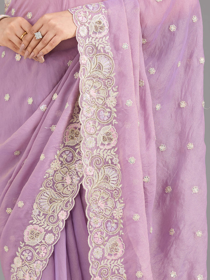 Lavender Threadwork Tissue Saree-Koskii