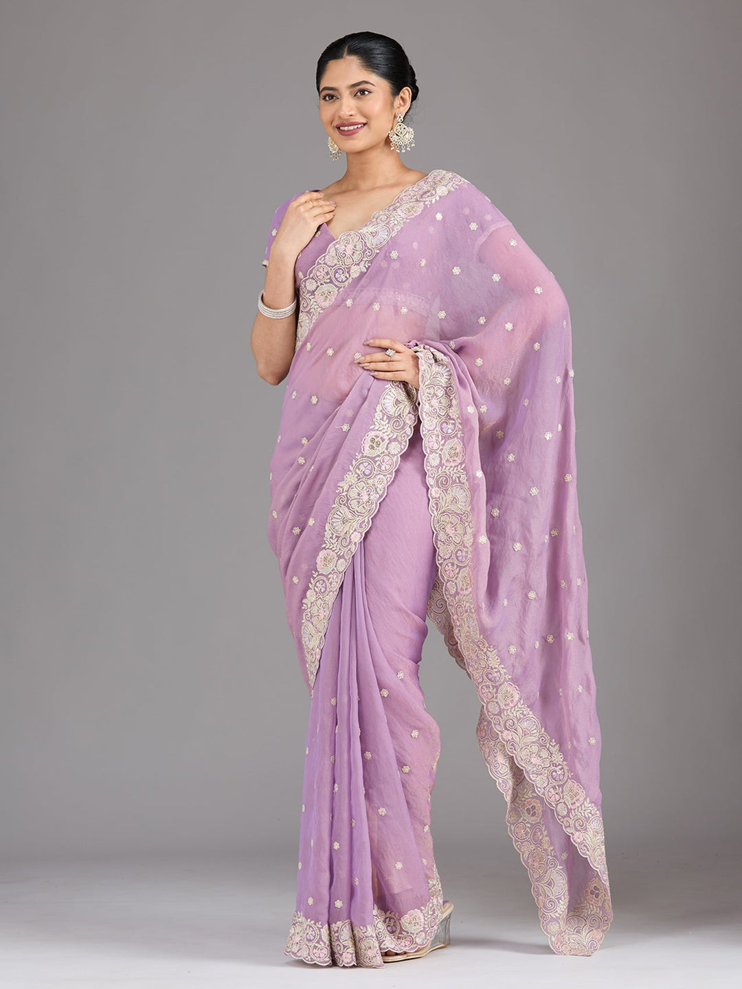 Lavender Threadwork Tissue Saree-Koskii