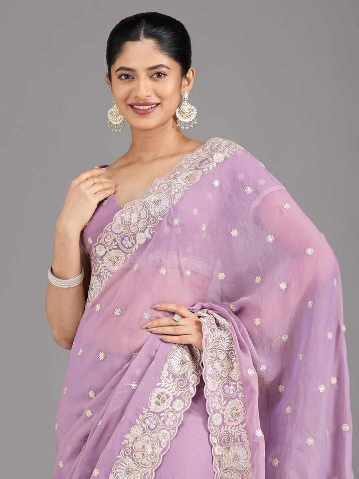 Lavender Threadwork Tissue Saree-Koskii