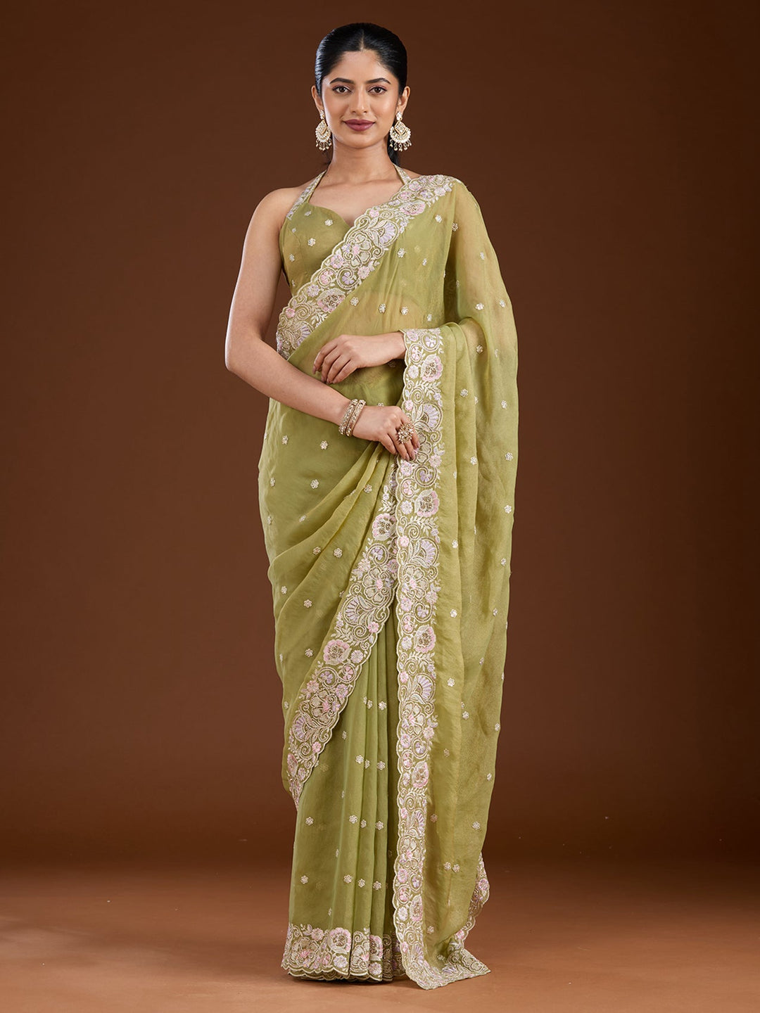 Pista Green Threadwork Tissue Saree-Koskii