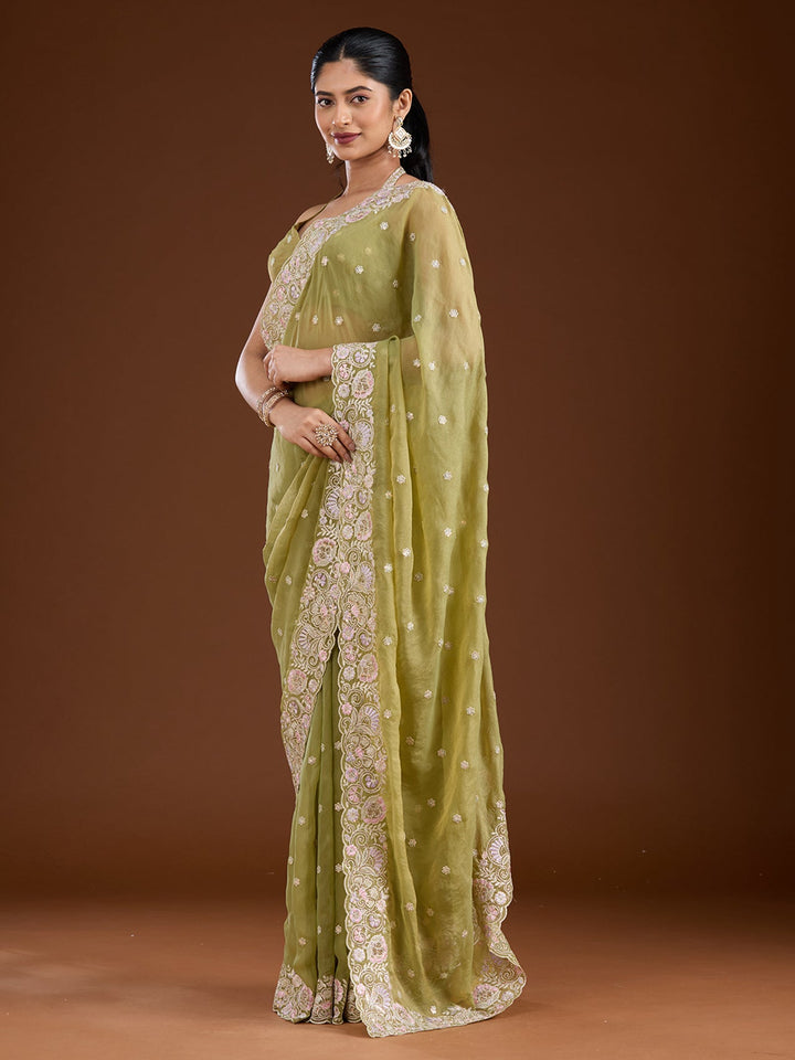 Pista Green Threadwork Tissue Saree-Koskii