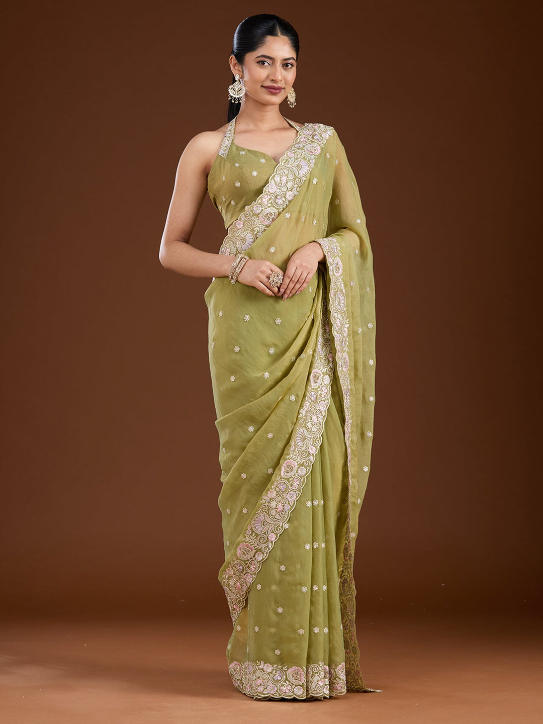 Pista Green Threadwork Tissue Saree-Koskii