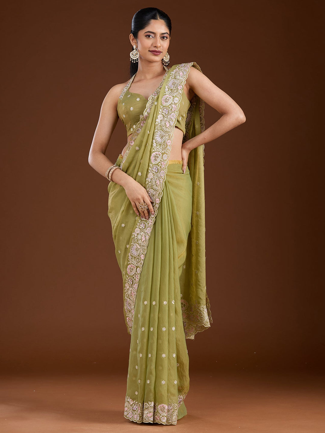 Pista Green Threadwork Tissue Saree-Koskii