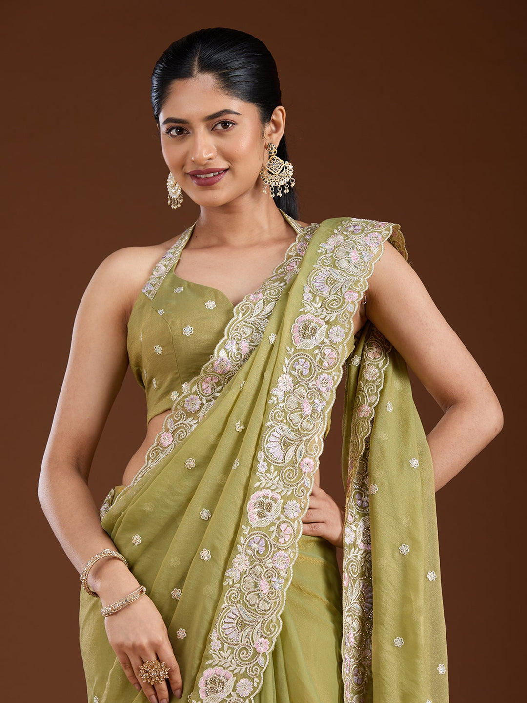 Pista Green Threadwork Tissue Saree-Koskii