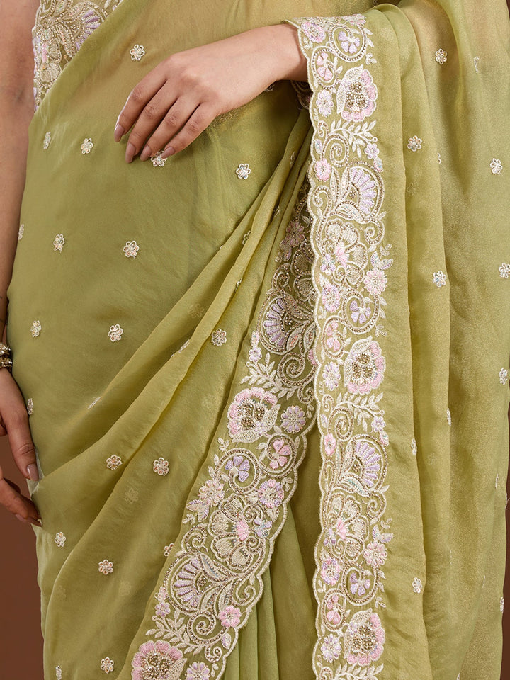 Pista Green Threadwork Tissue Saree-Koskii