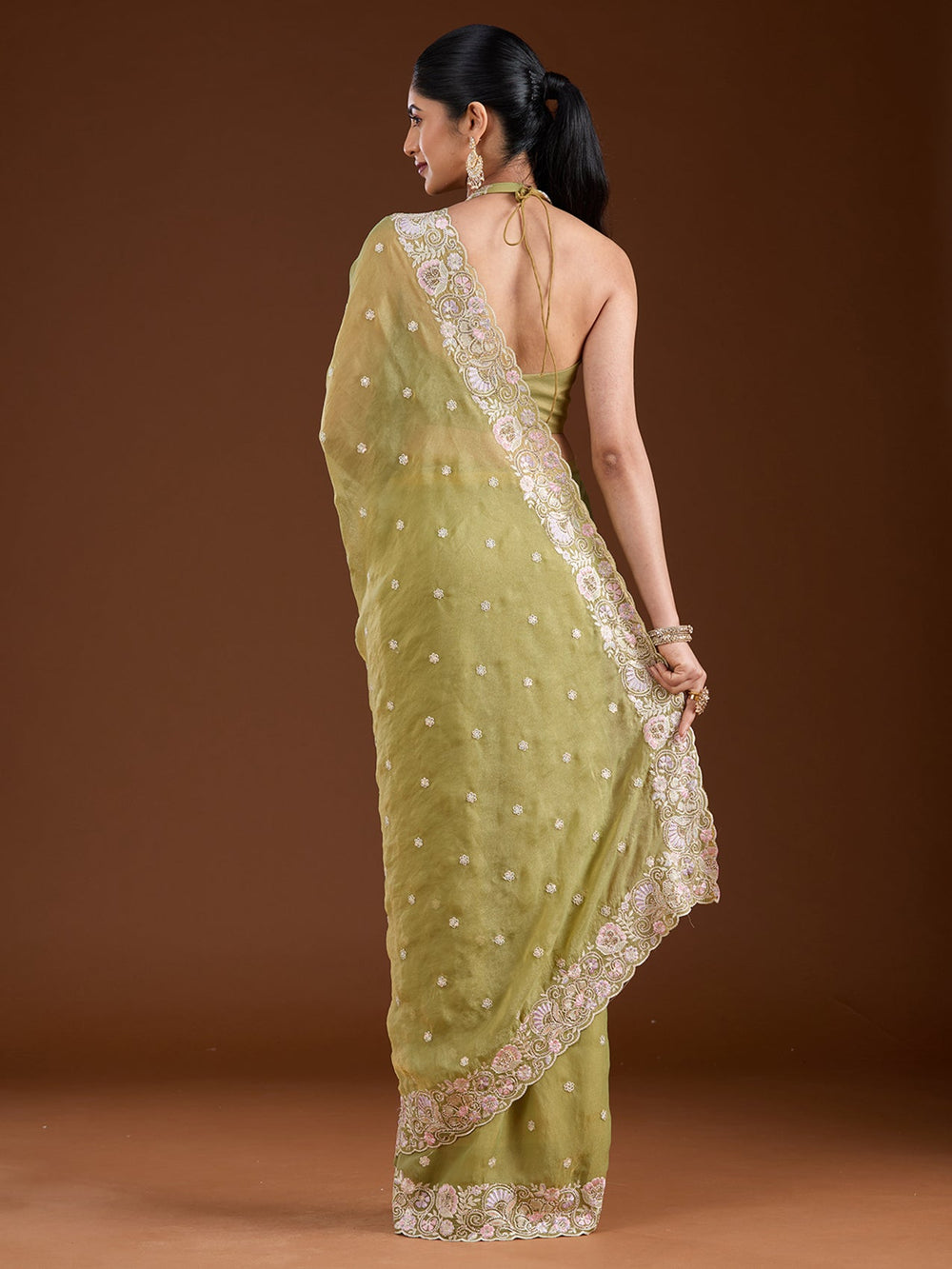 Pista Green Threadwork Tissue Saree-Koskii