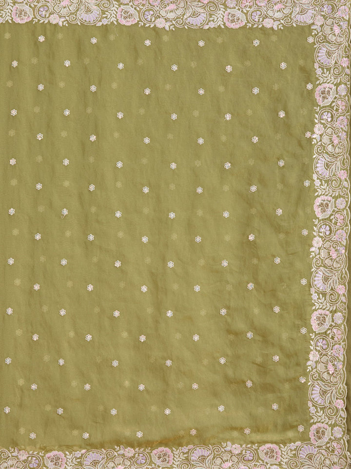 Pista Green Threadwork Tissue Saree-Koskii