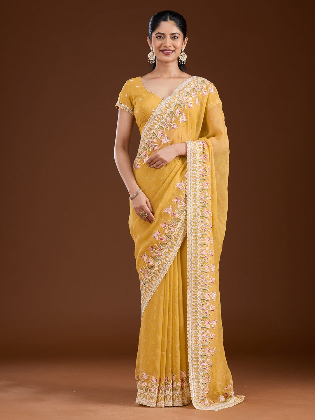 Yellow Threadwork Chiffon Saree-Koskii