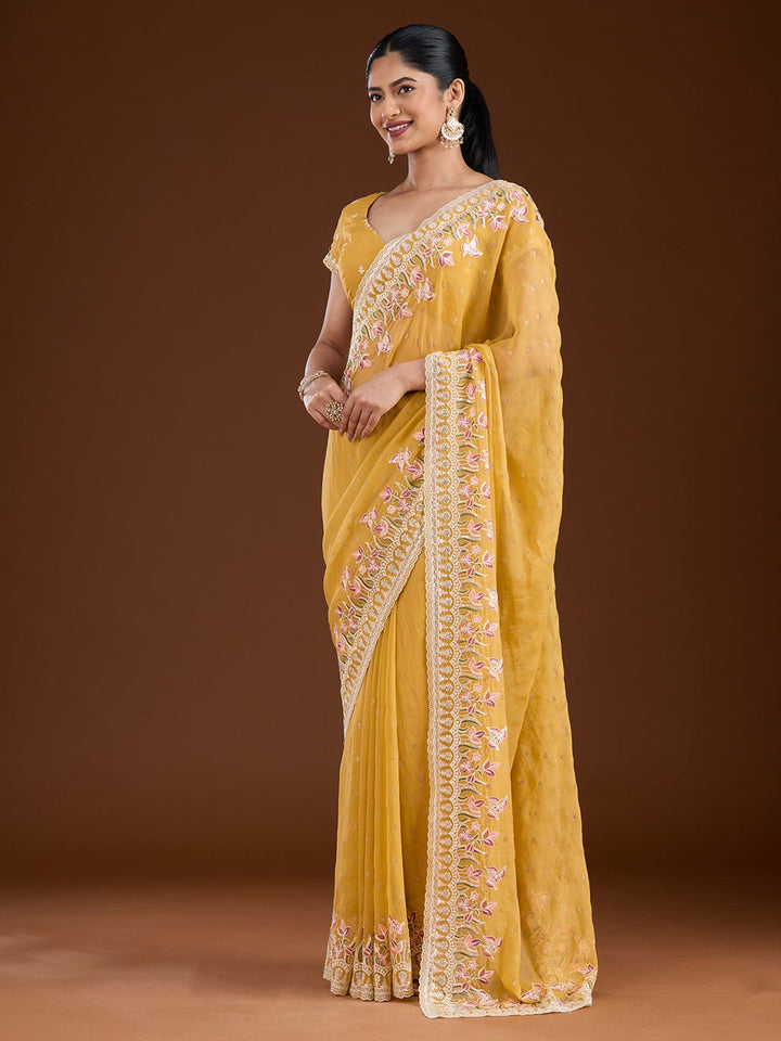 Yellow Threadwork Chiffon Saree-Koskii