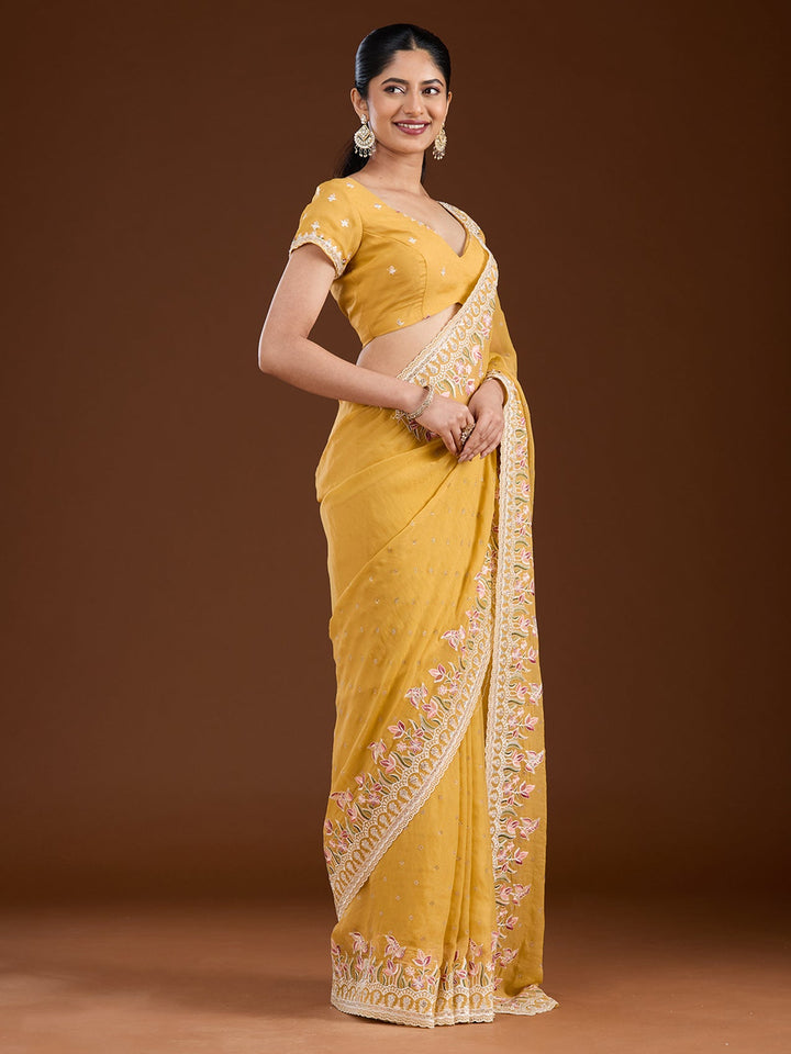 Yellow Threadwork Chiffon Saree-Koskii