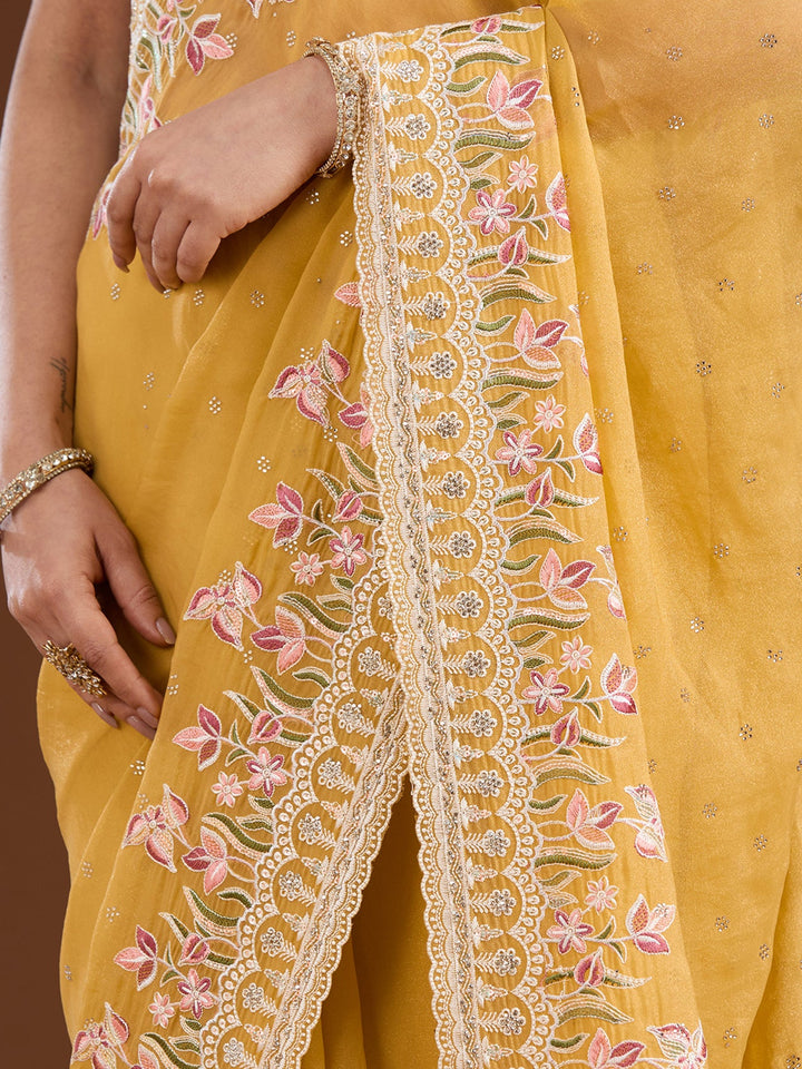 Yellow Threadwork Chiffon Saree-Koskii
