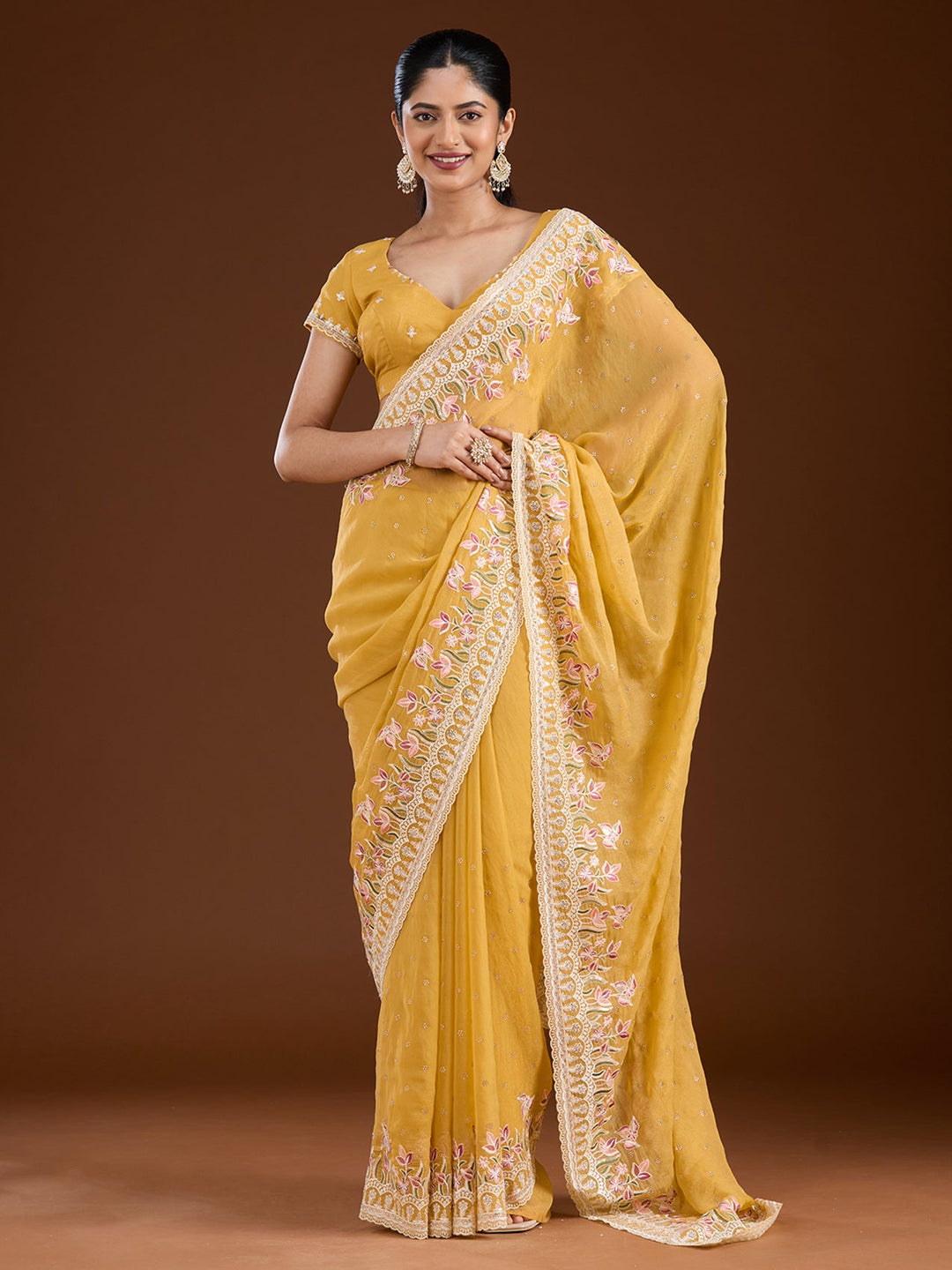 Yellow Threadwork Chiffon Saree-Koskii