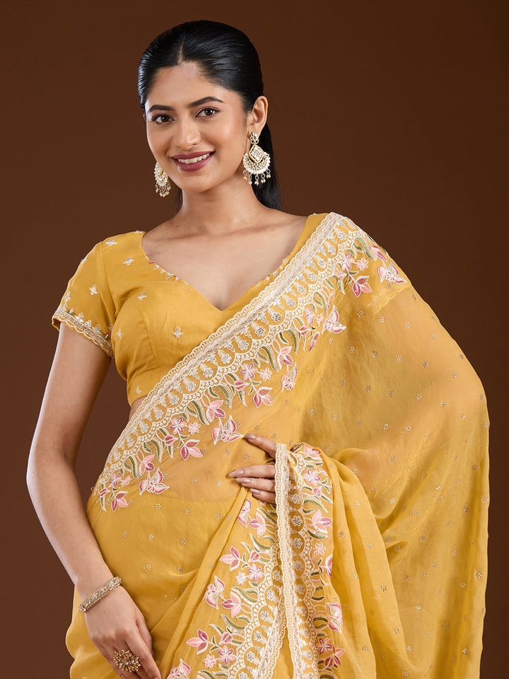 Yellow Threadwork Chiffon Saree-Koskii