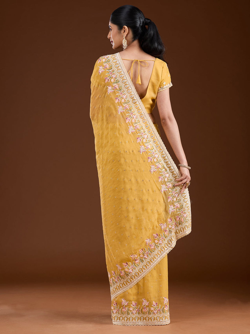 Yellow Threadwork Chiffon Saree-Koskii